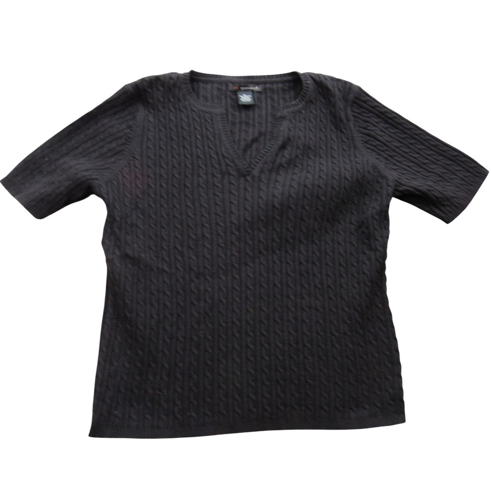 Giannetti Cable Knit V Neck Short Sleeve‎ Sweater Top Women's XL Black Cotton